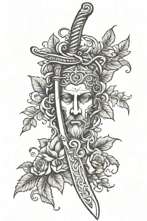 Greek mythology inspired tattoo featuring dagger with vines and gods tattoo design idea