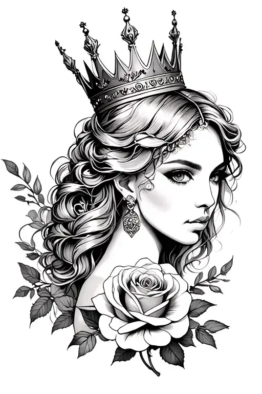 warrior princess with crown and roses blooming tattoo design idea