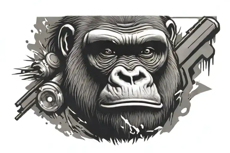 gorilla head and uzi spray paint backround tattoo design idea