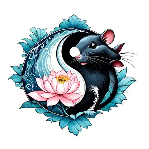 ying and yang with rat chinese zodiac and a lotus flower  tattoo design idea