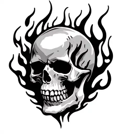 skull flames left arm sleeve tattoo design idea