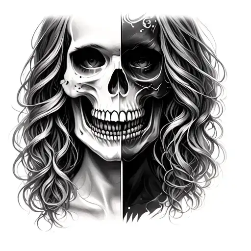 Half skull half face woman with locks tattoo design idea