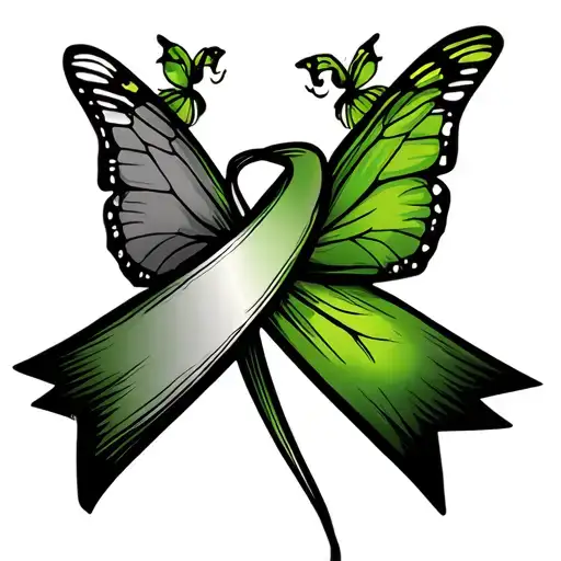 I want a green liver disease awareness ribbon with a butterfly clinging to the side of the loop. tattoo design idea