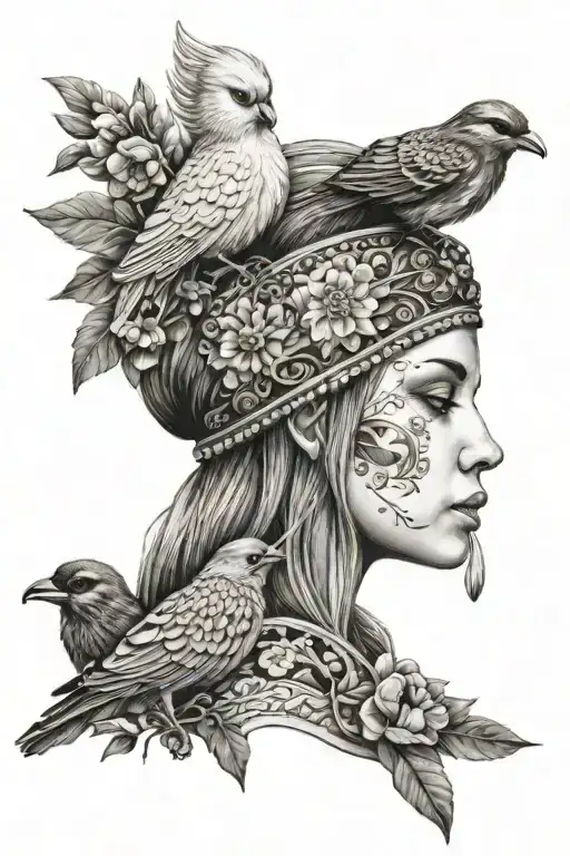 a naked girl in a kokoshnik and Slavic ornament holds a bird in her hand tattoo design idea