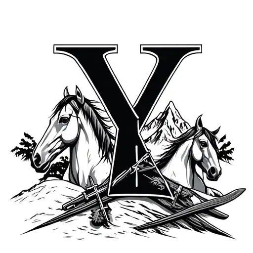 Skis, Mountains, Y, 3 crosses, horses head makings tattoo design idea