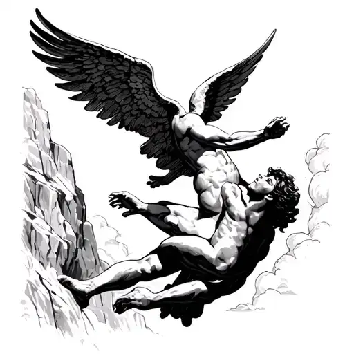 the most handsome angel falling down a cliff facing up trying to grab gods fingertips tattoo design idea