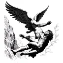 the most handsome angel falling down a cliff facing up trying to grab gods fingertips tattoo design idea