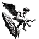 the most handsome angel falling down a cliff facing up trying to grab gods fingertips tattoo design idea