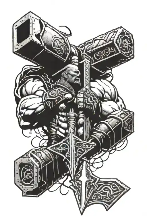 kratos and thor hammer and lightning and blades of chaos tattoo design idea