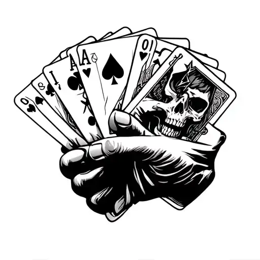 skull hand holding playing cards with a lighting bolt inside the playing cards  tattoo design idea