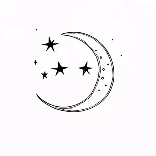 “Minimal fine line tattoo, crescent moon with two stars above, phinix bird, symbolizing motherhood and two children” tattoo design idea