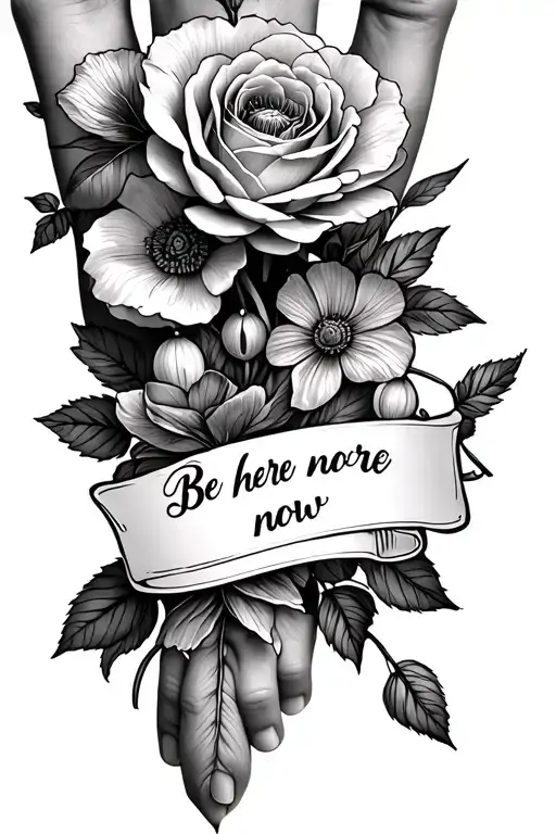 "Be here now" rose, waterlilly, poppy, gladiolus, cherry blossoms coming up from inside wrist to elbow  tattoo design idea