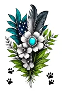 feathers, american flag, green leaves, one brooch turquoise jewelry, flowers, with 2 small dog prints tattoo design idea