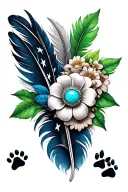 feathers, american flag, green leaves, one brooch turquoise jewelry, flowers, with 2 small dog prints tattoo design idea