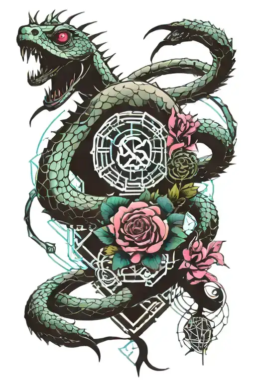 snake and prickly rose wrapped tattoo design idea