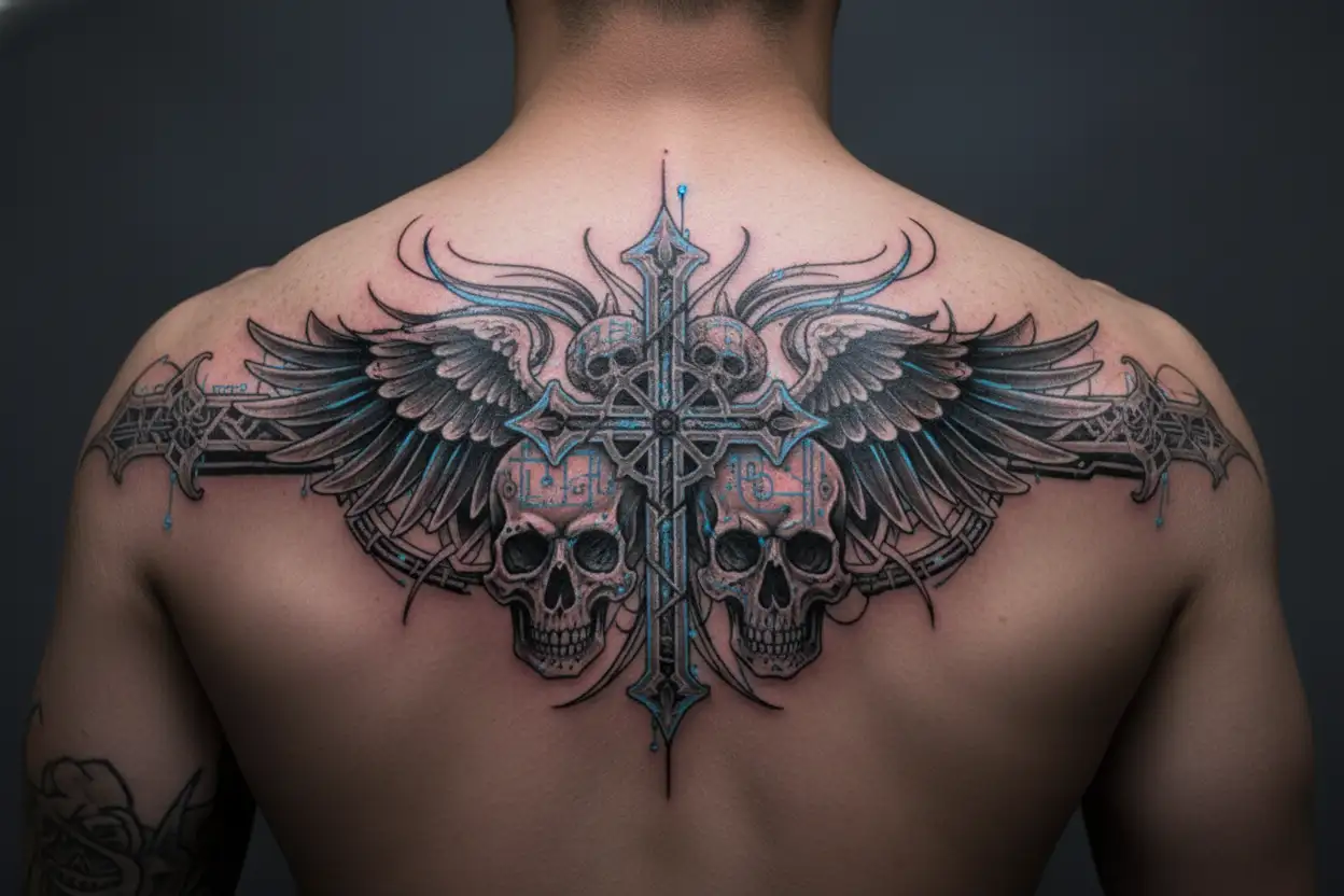 Graveyard, grave with a cross, wings, grave with shovel, grim reaper scythe, tree, raven, buffallo skulls tattoo design idea