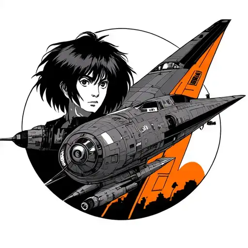 cowboy bebop tattoo with the portrait faye spike and ed in front of the spaceship, in orange and black tattoo design idea