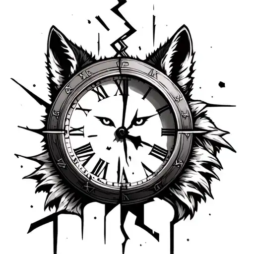 broken clock with Roman numerals and wolf face half sleeve tattoo tattoo design idea