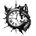 broken clock with Roman numerals and wolf face half sleeve tattoo tattoo design idea