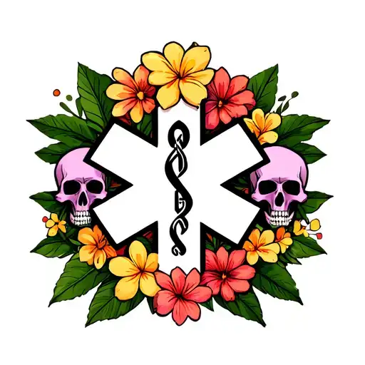 "Memento Mori " "Memento Mori " EMS star of life surrounded by Hawaiian flowers and leaves with skulls tattoo design idea