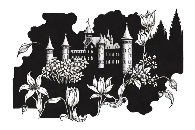 castle surrounded by tulips and edelweiss flower tattoo design idea
