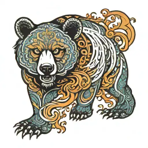 violent imponent bear with fire flames coming out of its mouth and fiery eyes, a mandala at the back of the bear tattoo design idea
