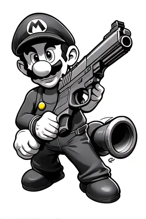 Luigi from Super Mario Bros. holding a gun with a silencer.  tattoo design idea