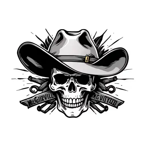 skull guns cowboy hat gas pump label McGuireville tattoo design idea