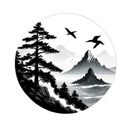 mountain ocean trees birds tattoo design idea