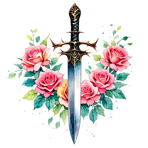 dagger with roses and thorns growing tattoo design idea