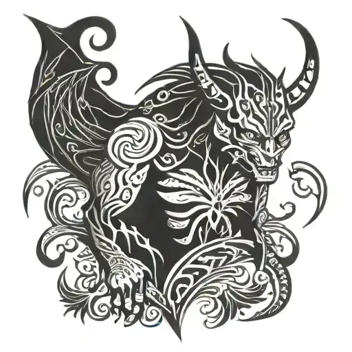 A tribal-inspired tattoo representing the leadership qualities of a family protector devil, set against a backdrop of a dark and ominous night tattoo design idea