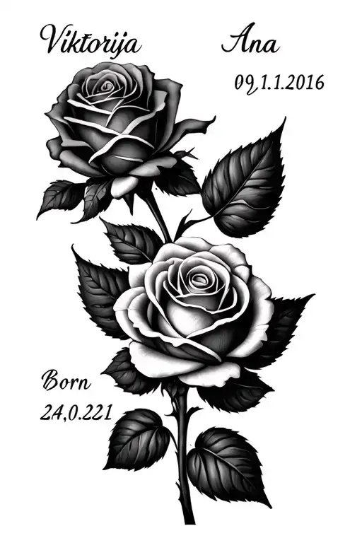 2 roses for daughters Viktorija born 09.11.2016 and Ana  born 24.08.2021 names and birth dates stamped on roses leafs tattoo design idea