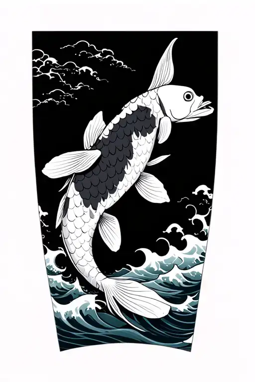 lower arm sleeve, koi fish with big scales, black and grey, waves and water background, balance dark and light,  tattoo design idea