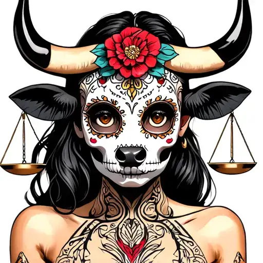 woman body bull with sugar skull markings, brown eyes and two Libra scales with extra dark background tattoo design idea
