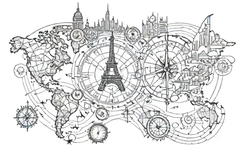 world map, compass, eiffel tower, dubai tower skyline, clock, compass, watchmaking,  tattoo design idea
