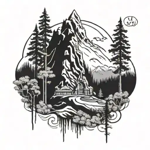 mahadev trishul and motor cycle path through mountains and forest tattoo design idea