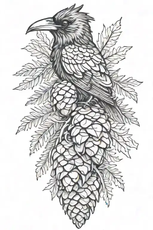 raven pine cone, pin branch, tattoo design idea