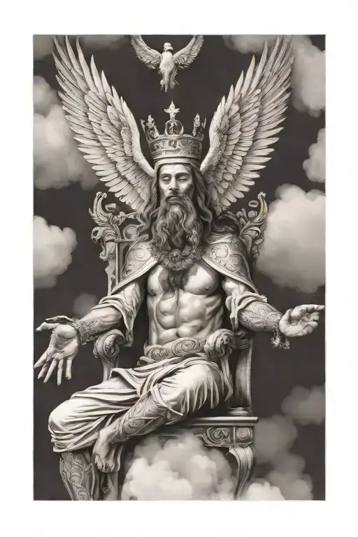 king of kings sitting on throne in cloud surrounded by flying angels and background of fire in half sleeve tattoo design idea