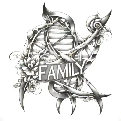 A DNA double helix intertwined with the word 'family' tattoo design idea