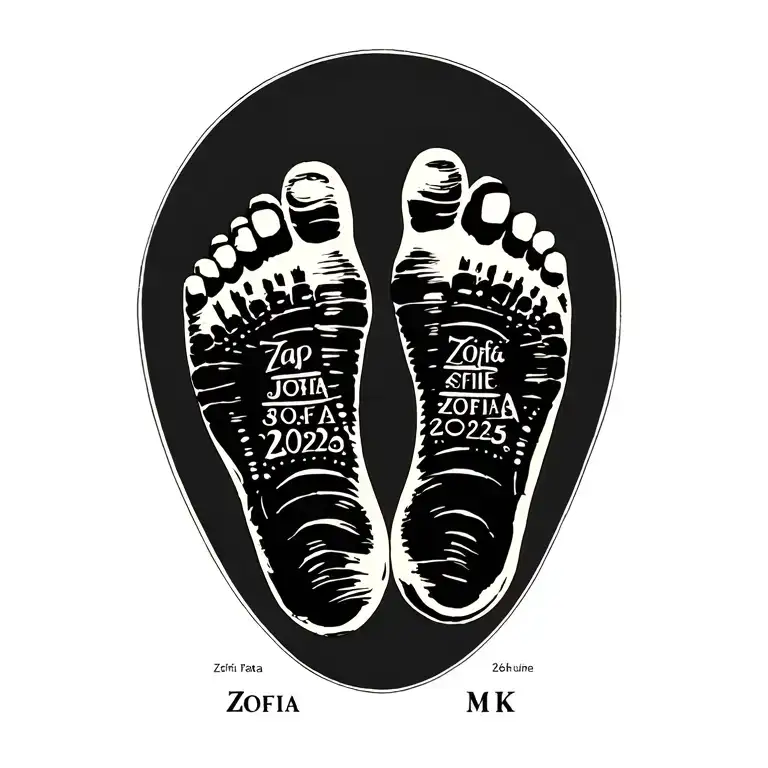 ​Top: Footstep of the Child (Zofia).​Middle: Name ZOFIA (the most important) and Date (26/02/2025).​Bottom: Initials M+K opening Li tattoo design idea