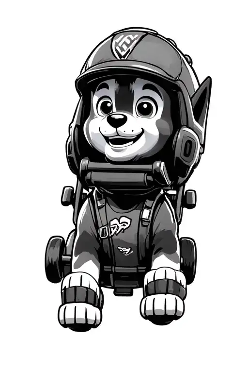 sky from paw patrol smiling as she flys in an apache helicopter tattoo design idea