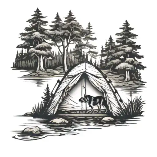 forest opening to a lake with a tent and a dog  tattoo design idea
