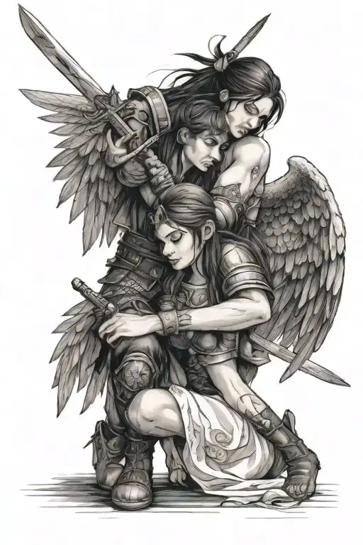 A warrior with wings and a sword hugs a girl tattoo design idea