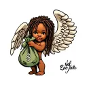against all odds baby angel with dreads holding money bag tattoo design idea
