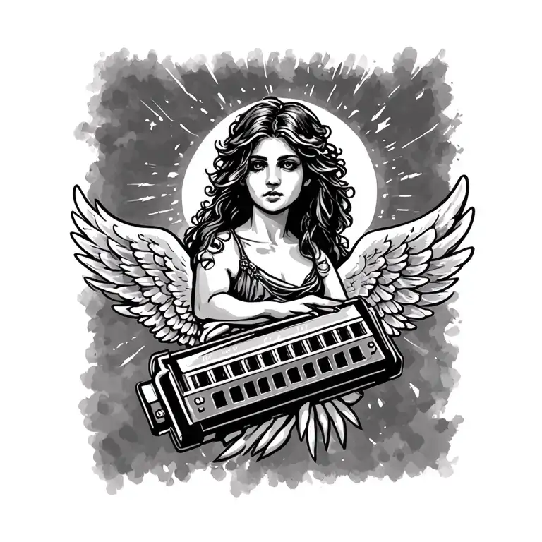 wrist tat with harmonica wrapped in Angel wingsnoangel just wings tattoo design idea