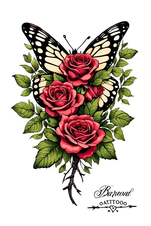 barbed wire butterfly with roses tattoo design idea