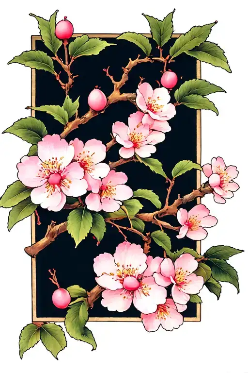 cherry blossom, apricot blossom, plum blossom, peach blossom all on one branch tattoo design idea