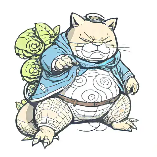 Snorlax I dressed like a yakuza sitting eating with arm outstretched towards camera full card art tattoo design idea