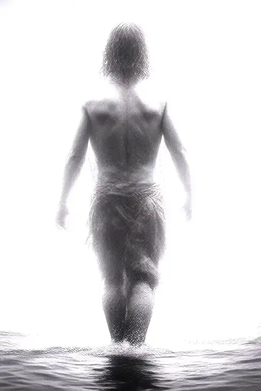 A Silhouette Of muscular Jesus Walking On Water, realistic, veiw from the back, Symbolizing Faith And Strength Tattoo tattoo design idea