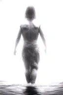 A Silhouette Of muscular Jesus Walking On Water, realistic, veiw from the back, Symbolizing Faith And Strength Tattoo tattoo design idea